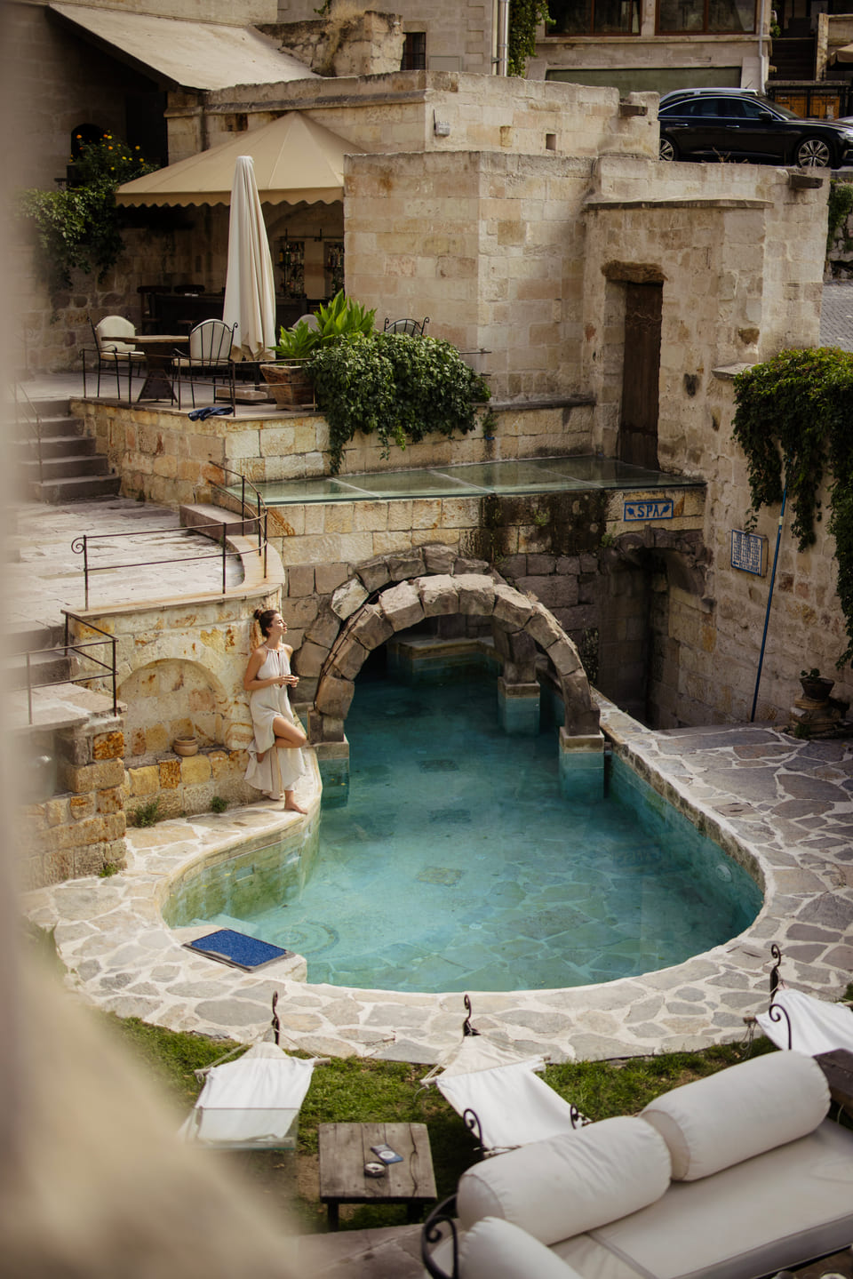 The pool seen from the upper terrace
