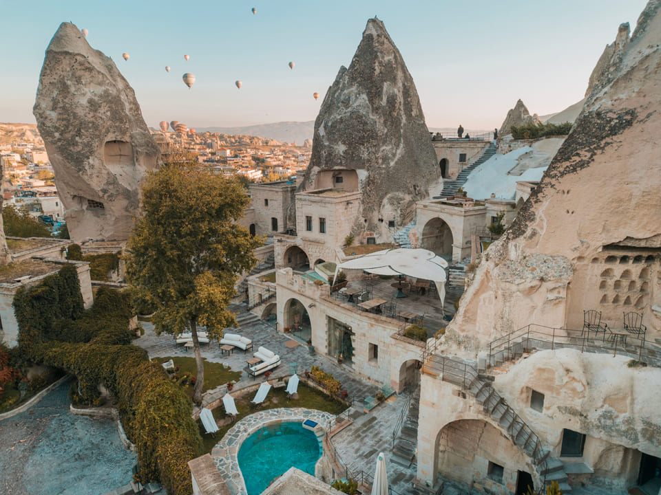 The house from above: terraces, the pool and the chimneys